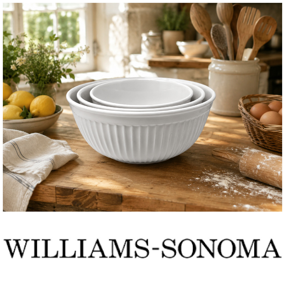 Williams Sonoma White Ribbed Mixing Nesting Bowl Set 3 Farmhouse Kitchen Ceramic
